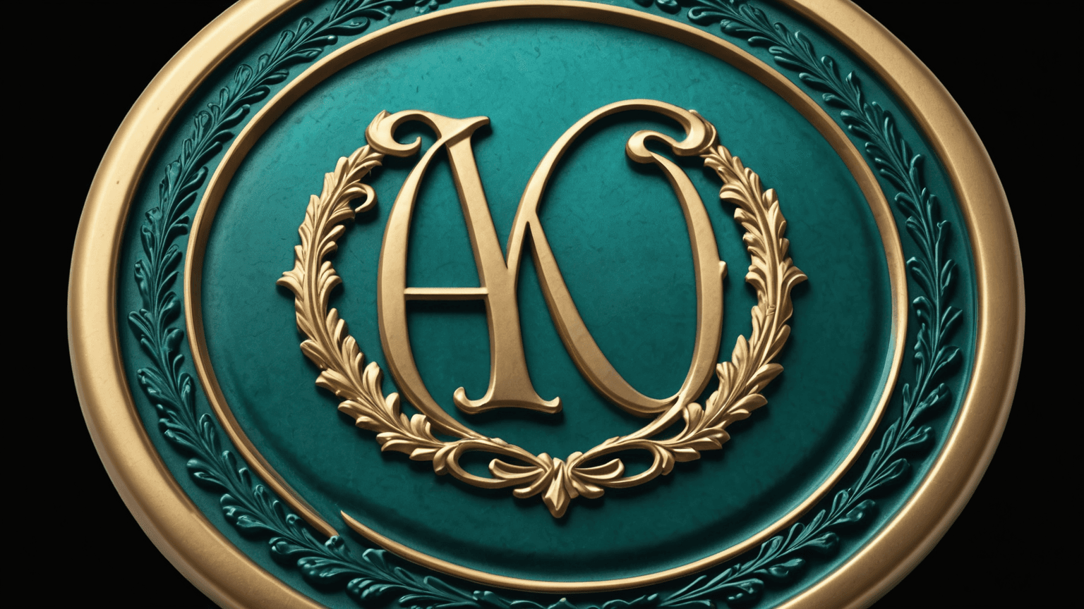 An embossed gold wax-seal brand stamp with a laurel monogram crest, teal glow, on obsidian
