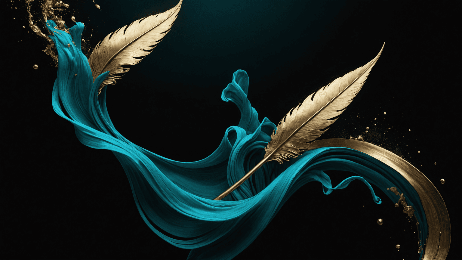 A gold quill pen writing on an open page with teal ink, on obsidian