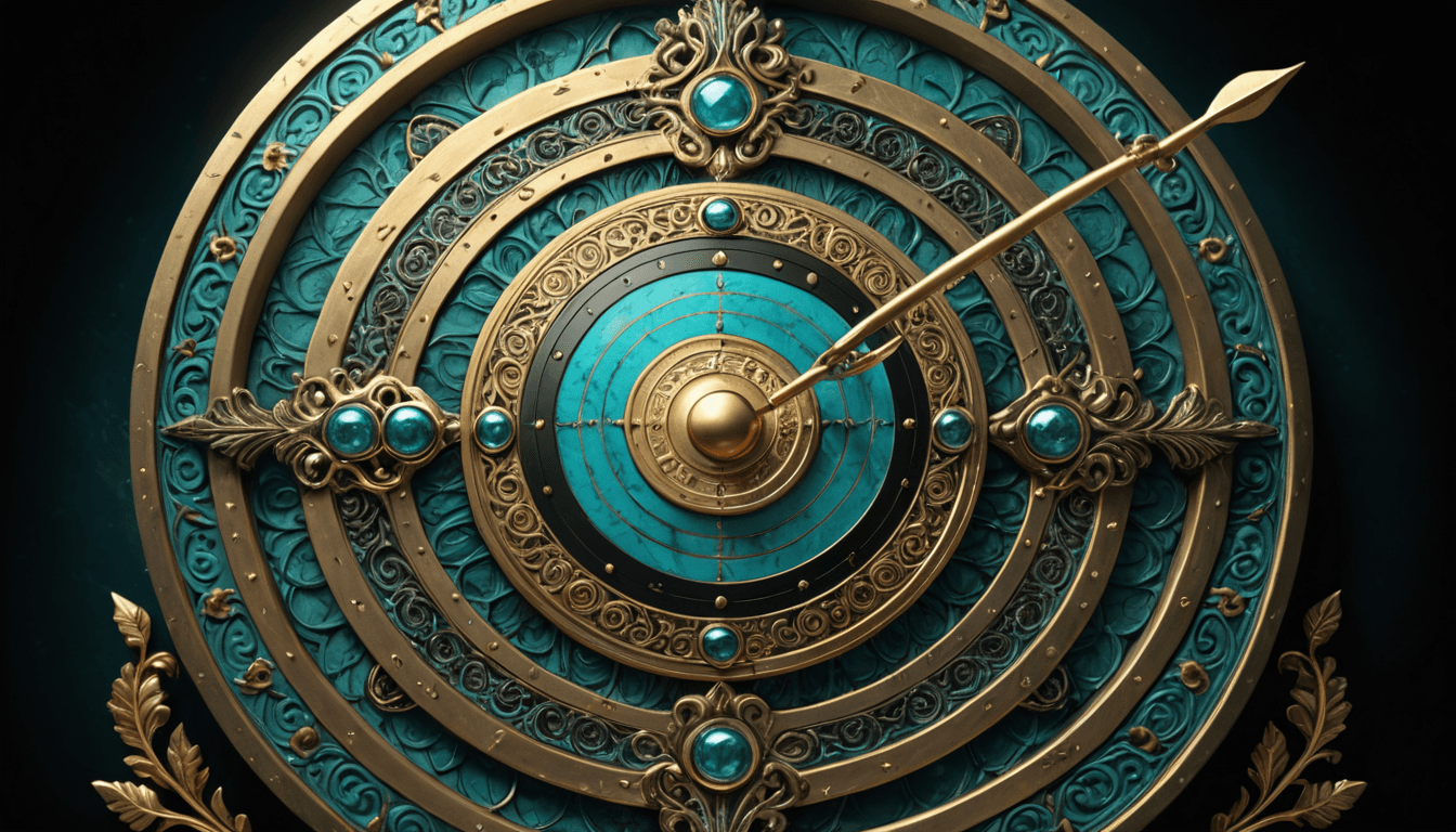 A gold and teal bullseye target with an arrow struck in the centre, on obsidian