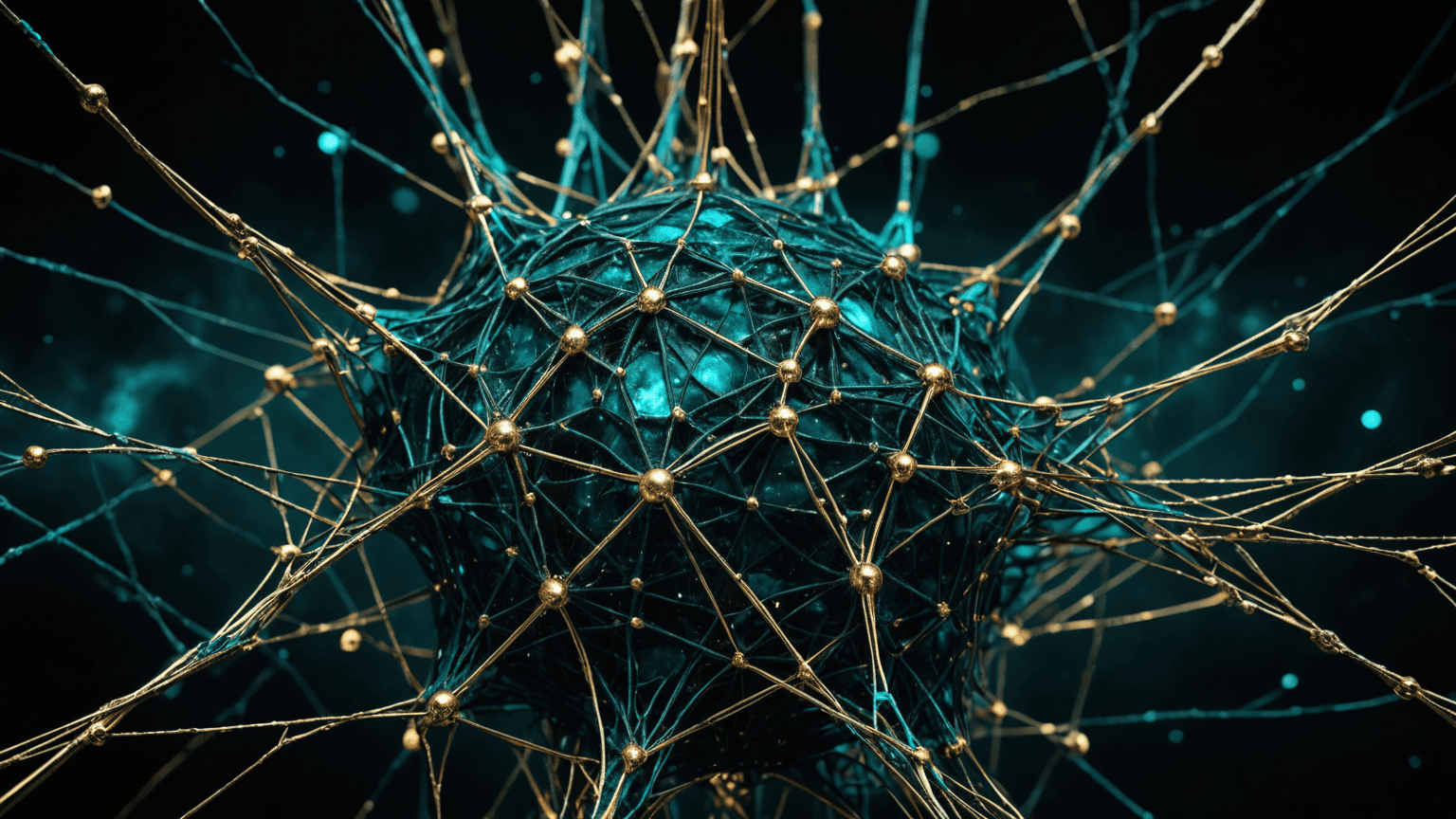 A network of gold profile-icon nodes linked by glowing teal lines, on obsidian