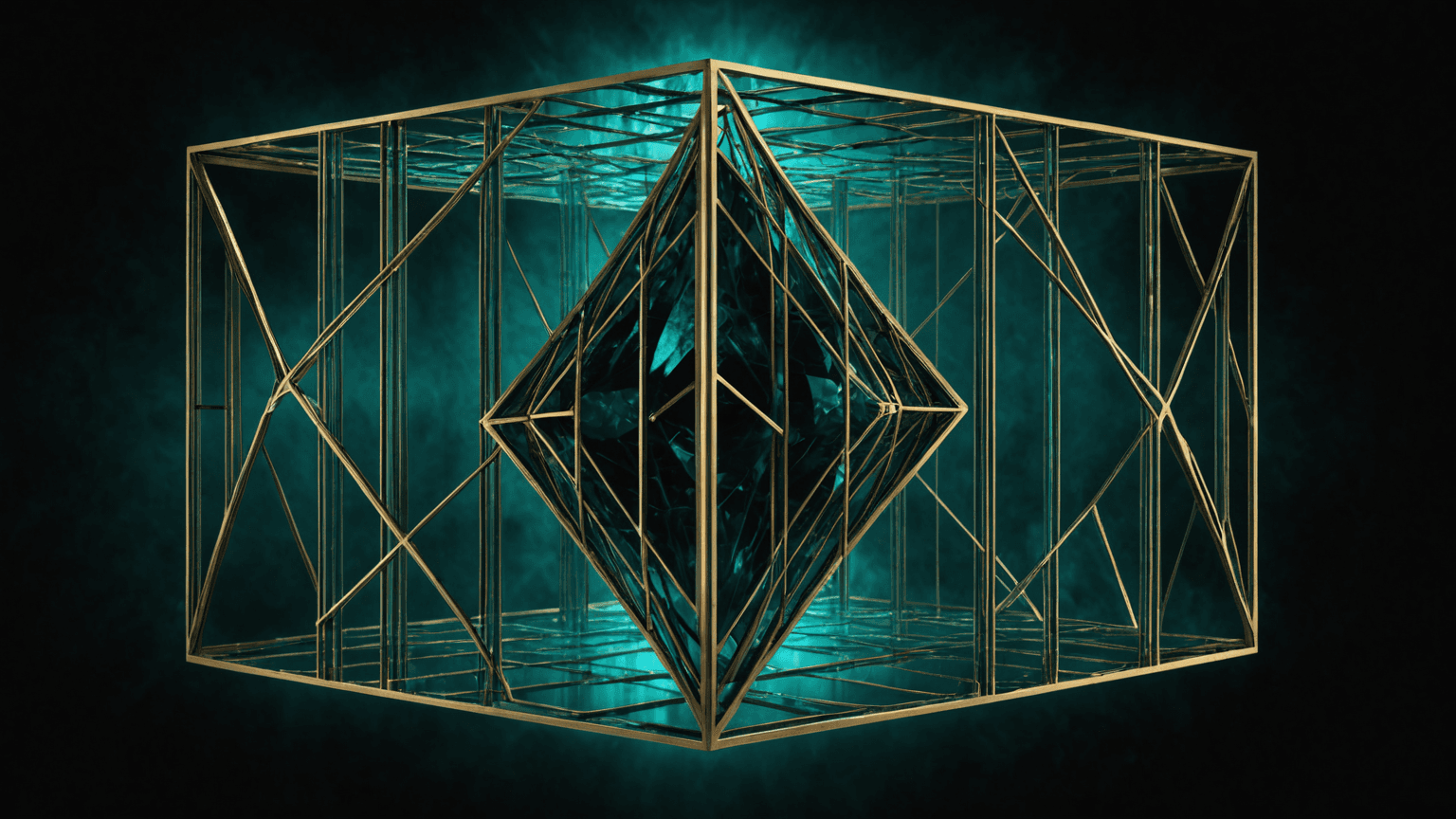 A clean gold-outlined browser/website window with content blocks and a teal accent, on obsidian
