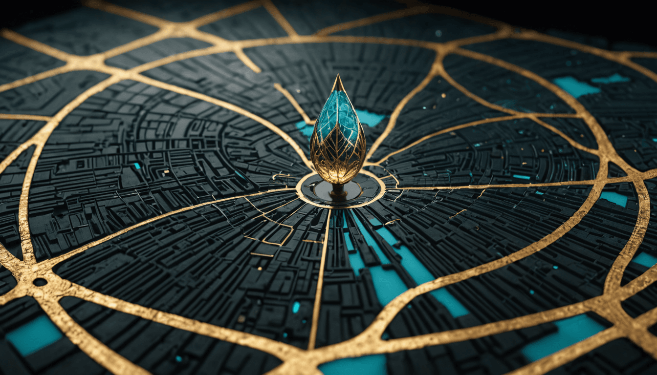 A glowing gold and teal map location pin on a city street map grid, on obsidian