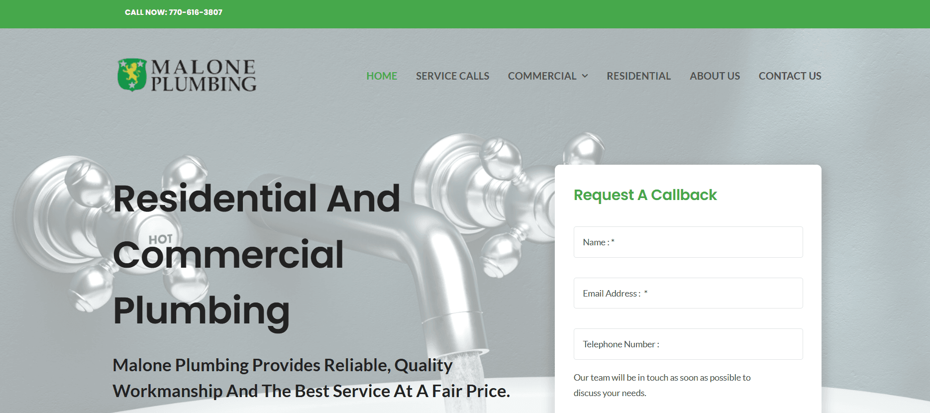 Malone Plumbing — website screenshot