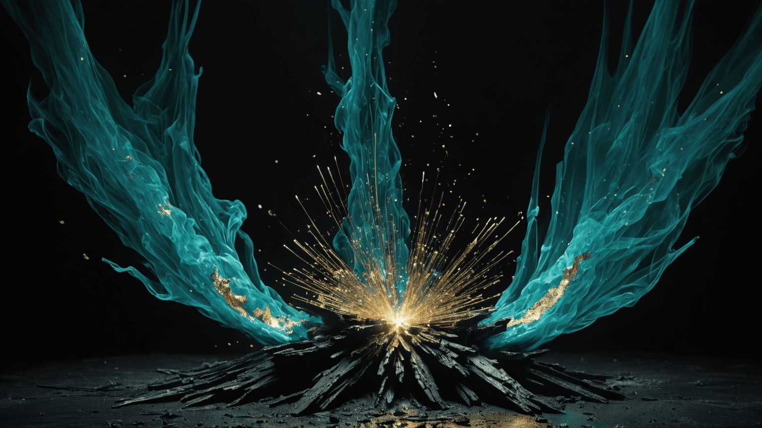 A rising gold bar chart with an upward growth arrow, teal accents, on obsidian